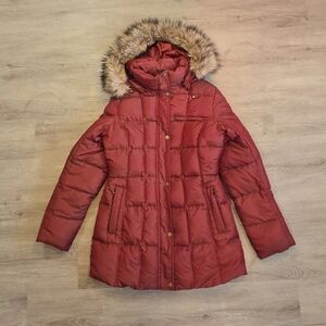 Lands' End Women's Red Down Puffer Coat With Removable Hood Faux Fur Trim XS